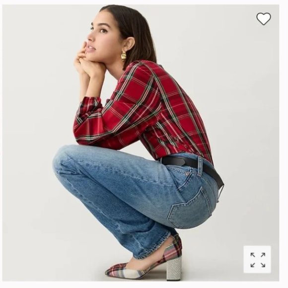 J. Crew puff sleeve poplin top in Good Tidings plaid large DEEP RUBY red long - Picture 2 of 7